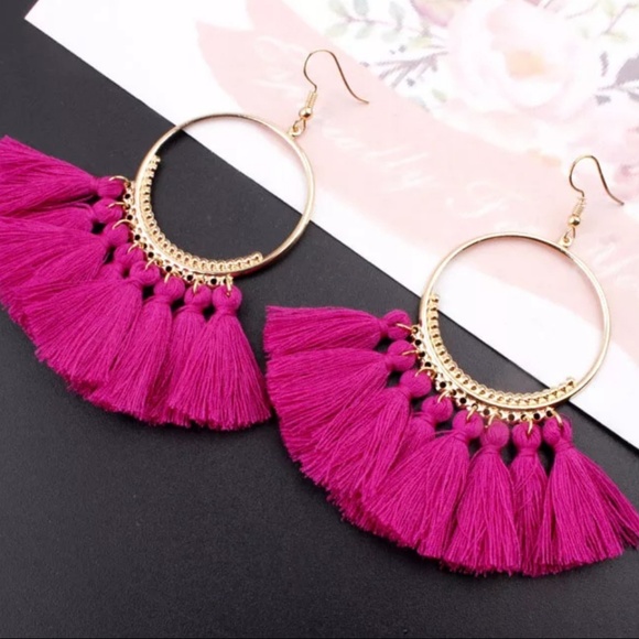 Fuscia Gypsy Bohemian Spanish Tassel Hoop - Picture 2 of 4